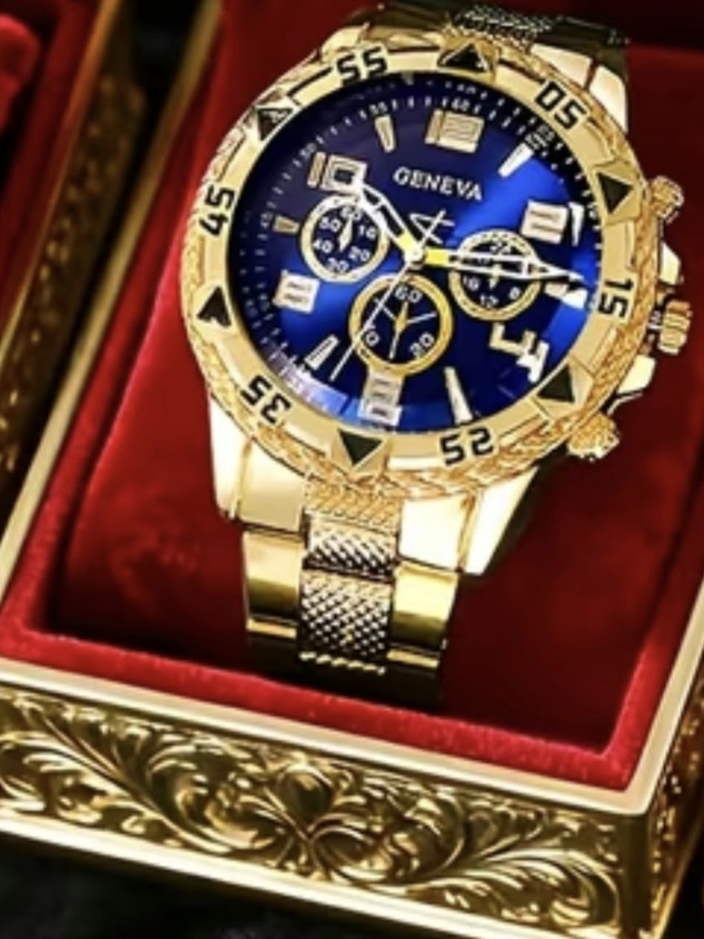 Geneva Gold-Tone Watch with Blue Dial and Bracelet